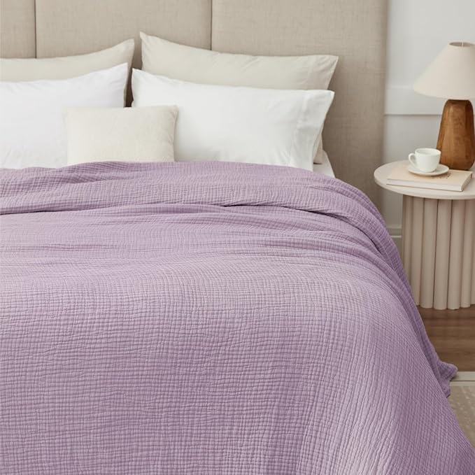 100% Cotton Muslin Blanket Queen 90" x 90", 6 Layers Breathable and Lightweight Cotton Throw Blanket for Bed, Soft Quilt Bedspread Coverlet, Gauze Blanket for Adults All Season, Lavender