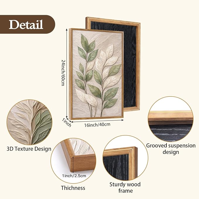 CHDITB 3D Neutral Foliage Impasto Textured Leaf Framed Canvas Wall Art Set, Sage Green Boho Botanical Rustic Country Wall Decor, Earth Tone Plant Art Prints for Living Room Bedroom Farmhouse 16"x24"x3