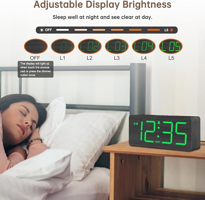 DreamSky Wooden Digital Alarm Clock for Bedroom - Desk Clock with Large Numbers for Living Room Office, Loud Alarm for Heavy Sleepers Adults, Volume Control, Dimmer, DST, Wood Decor (Plug in Clock)