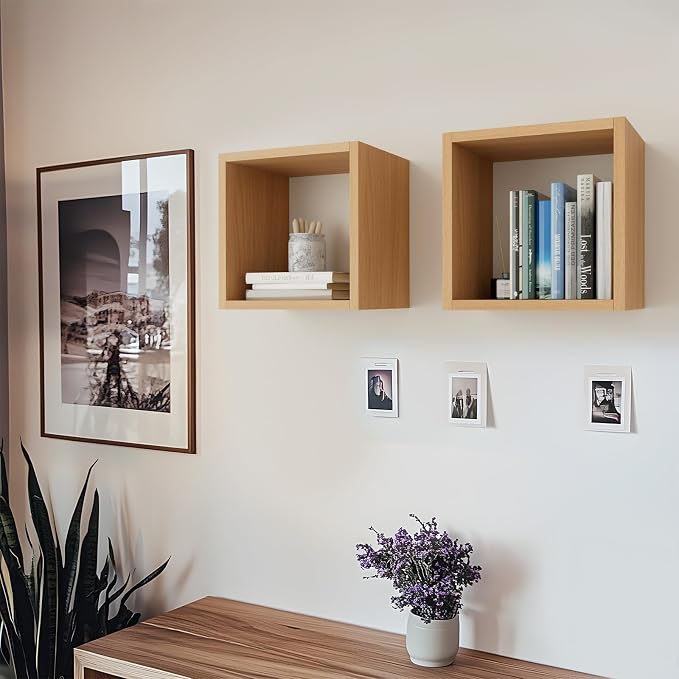 Kaboon Cube Floating Shelves Set2, Display Shelves Wall Mount 7.75" D x 12.5" W x 12.5" H, (Light Walnut, Square 2 Cubes)