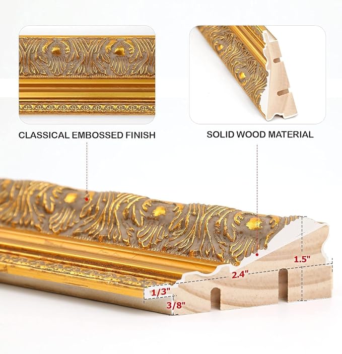 DIY Wood Canvas Frame for 36x36 Portrait Landscape Oil Paintings Art Prints, Vintage Gold Ornate Frame, Gold Wall Decor for Living Room Bedroom Exhibition (No Plexiglass & Backing Board)