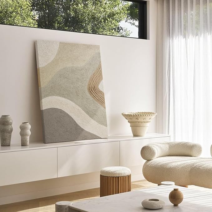 Modern Neutral Abstract Canvas Wall Art,3D Textured Oil Painting Wall Decor | Original Hand‑Painted Large Vertical Wall Art with Soft Layered Tones for Living Room Bedroom Office Home Decor Gift 36x24 in