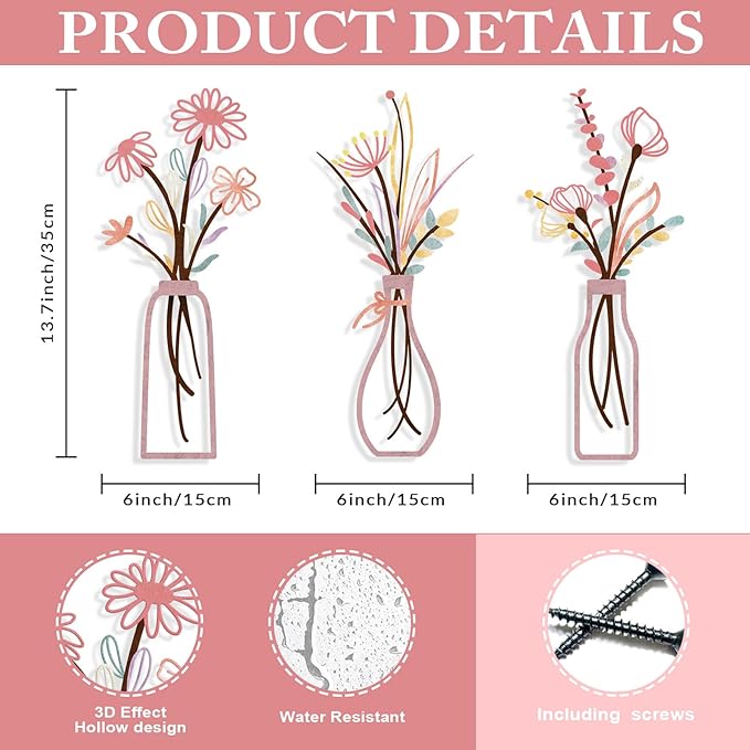 Pigort 3 Pieces Metal Flowers Wall Arts - Rustic Farmhouse Style Décor Metal Wall Art Black Minimalist Flower Natural Themed Wall Decors for Home Bedroom Dining Room Housewarming (Pinkish)