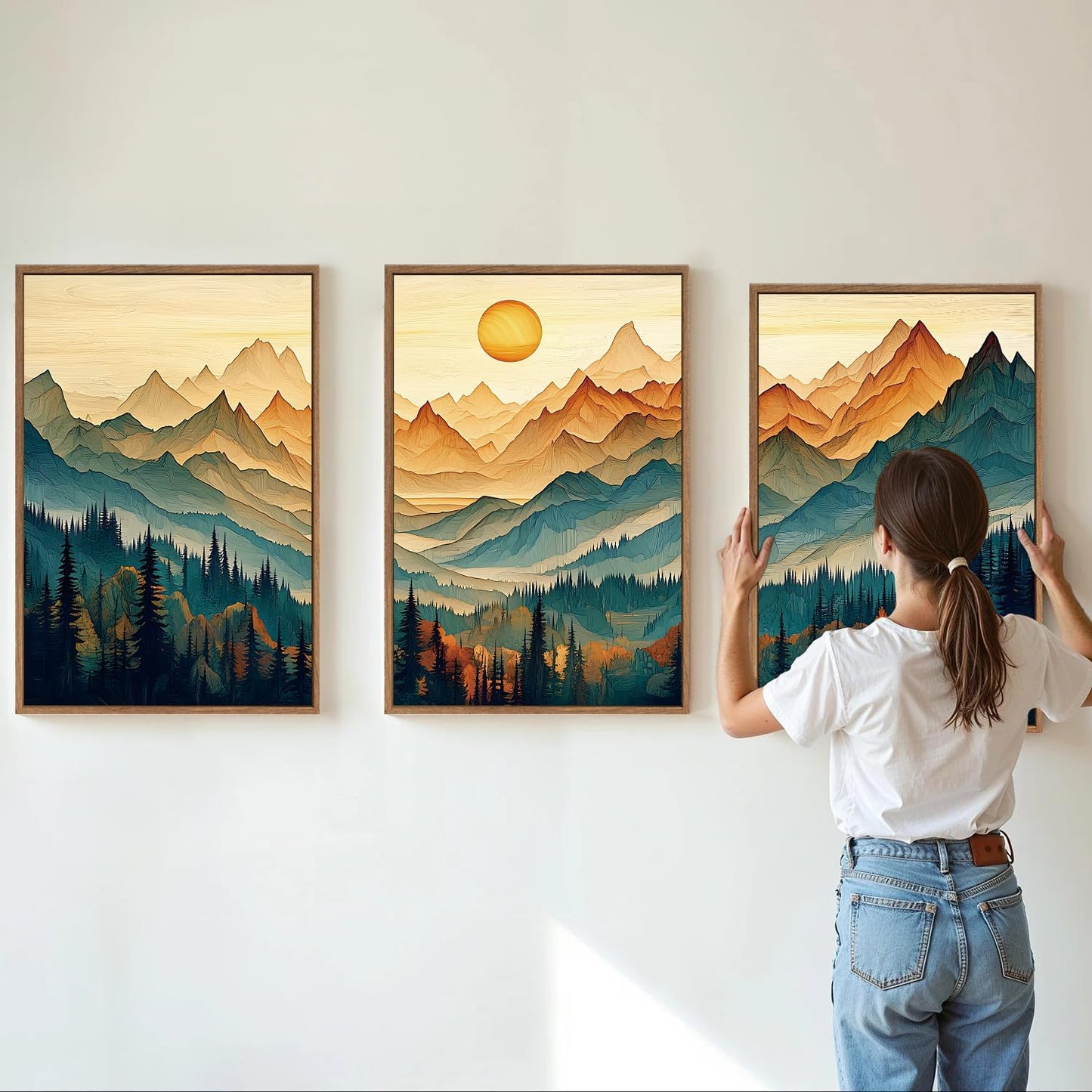 Tinonedraw Large Mountain Framed Canvas Wall Art Set of 3, Boho Nature Forest Wall Decor, Neutral Wooden Pine Trees Artwork, Sunrise Ridge Landscape Art Printing for Living Room Bedroom Office 16"x24"