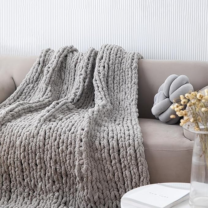Soft Chunky Knit Throw Blanket for Couch, Cozy Warm Knitted Blankets | Hand Knit with Jumbo Chenille, Lightweight Warm Fluffy Decor for Women, Mom, Her & Girls, Sofa, Chair, Bed, 40"x60" (Gray)