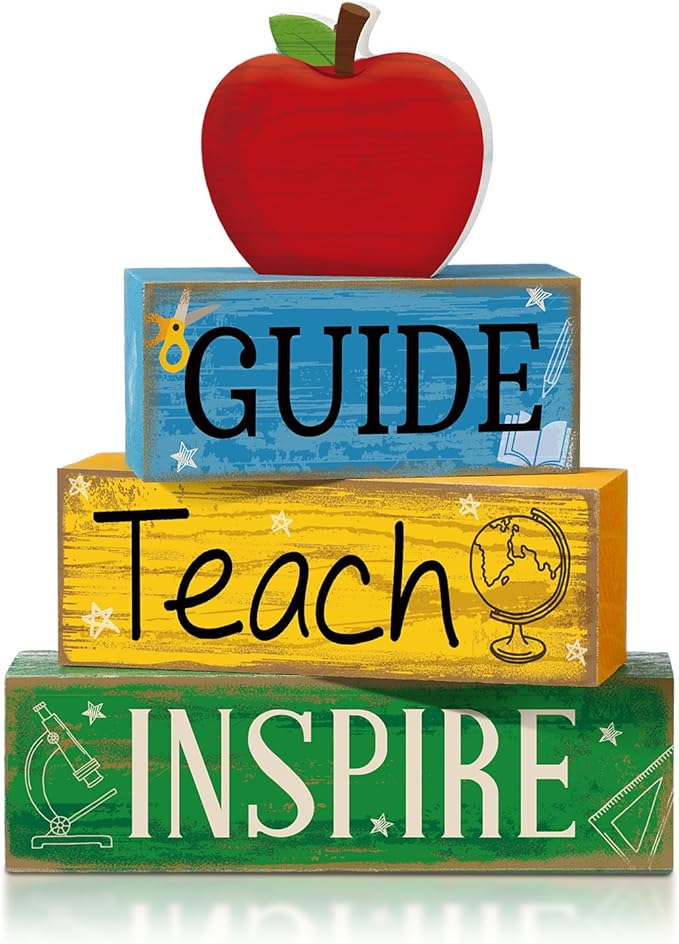 Yuntau 4 Pcs Teacher Appreciation Gift Wooden Table Decoration Apple Tiered Tray Decor Guide Teach Inspire Teacher Appreciation Gift Apple Block Sign Centerpiece Decor for Office Classroom