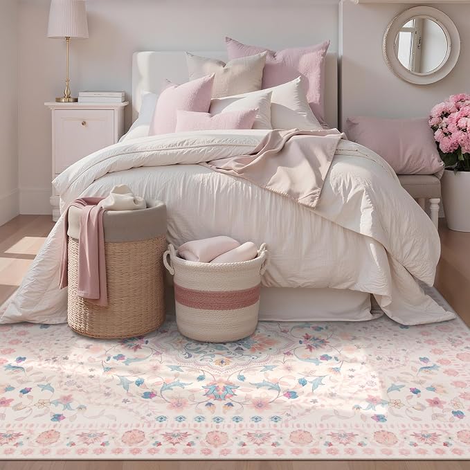 Wonnitar Floral 5x7 Washable Nursery Rug, Pink Rugs for Bedroom Girls, Boho Ultra-Thin Soft Non Slip Floor Carpet for Dorm Living Room Playroom Home Decor, Pastel Pink