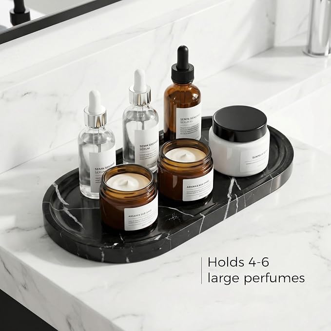 Black Marble Vanity Tray - 100% Natural Stone Bathroom Countertop Organizer for Perfume & Jewelry, 10" Decorative Plate for Toilet Tank