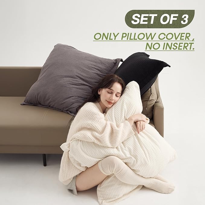 COCO TOP Set of 3 Corduroy Ultra Large Pillow Covers 28x28inch, Super Soft-Touch Boho Vintage Earth Tones Cushion Cases for Sofa, Living Room, Bedroom, Office,Game Home（Black,White,Grey）