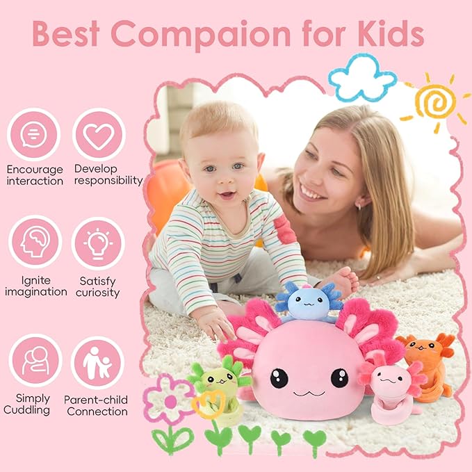 5 Pcs Axolotl Plush Toys for Girls Boys, 18.5" Mommy Axolotl Stuffed Animal with 4 Baby Axolotls Inside, Pink Stuffed Axolotl Salamander Plushies Pillow Toys Gift for Kids Easter Christmas Birthday