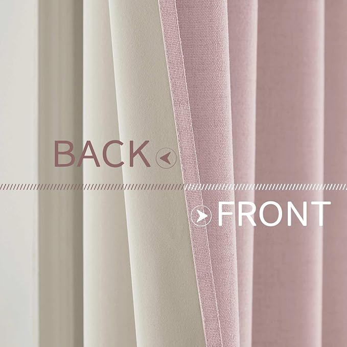 MIULEE Linen Texture Curtains for Bedroom Solid 100% Blackout Thermal Insulated Pink Curtains Grommet Room Darkening Drapes for Living Room Nursery 52x63 Inch (2 Panels)