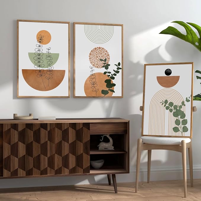SIKERIC Framed Boho Wall Art Set of 3, (24x36 Inch) Neutral Boho Canvas Wall Art Prints, Mid Century Modern Wall Art Decor, Geometric Bohemian Art Painting for Living Room, Bedroom, Office