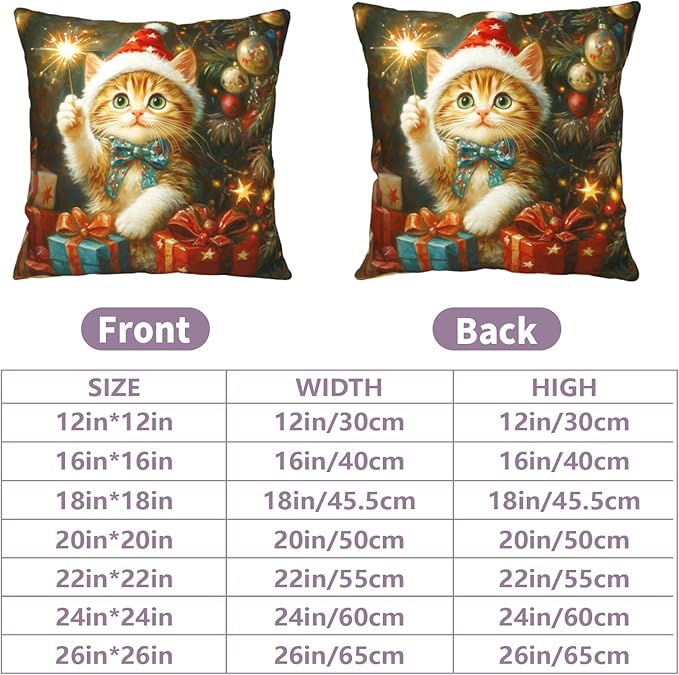 Christmas Pillow Covers 18x18 Set of 2 Adorable Cat Xmas Throw Pillow Covers Lovely Kitten Holding Sparklers Pillowcase Cotton Linen Cushion Case for Holiday Decor Sofa Couch