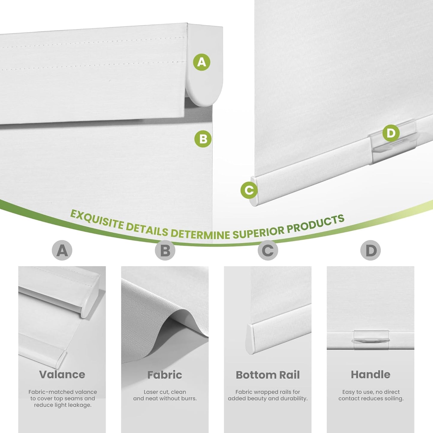 Blackout Roller Shades for Indoor Windows, Cordless Jacquard Fabric-Matched Roller Blinds, Easy to Install Privacy UV Protection Roll Up Blinds for Home Office, Pure White, 26" W x 72" H