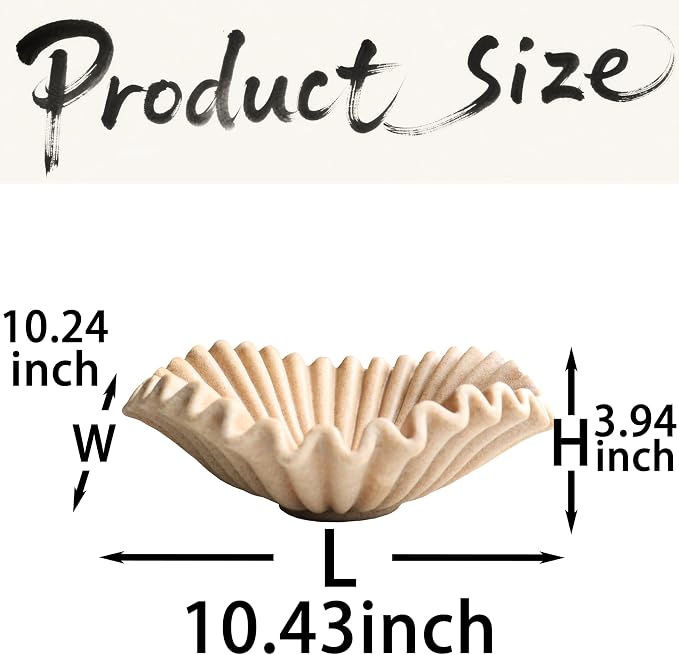 Large Decorative Handmade Bowl Decor , Modern Home Decoration, Fan Shaped Bowl, Ruffle Decor, Stylish Key Bowl for Entry Table, Decorative Fruit Bowl for Kitchen Counter, Artificial Stone Beige