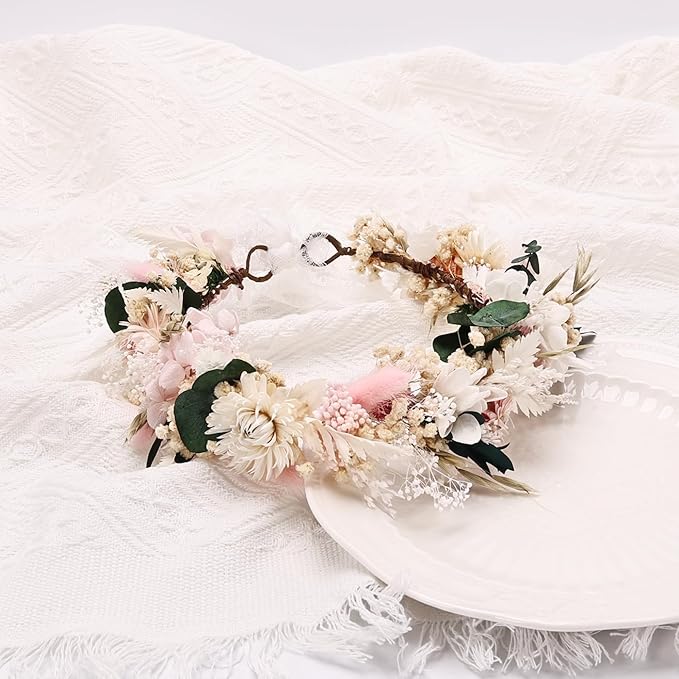 Preserved Natural Dried Flower Crown Rustic Wedding Wreath Headband Pink and White Bohemian Floral Hair Garland for Children Kids Family Photo Shoot,Birthday Party Little Bridesmaids Flower Girls