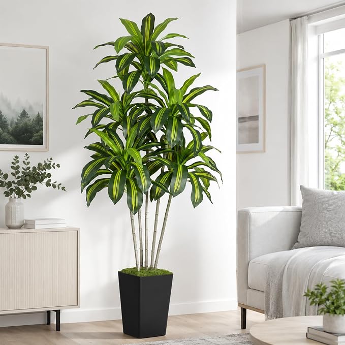 Dracaena Plant Artificial Tree 6Ft Tall Fake Tropical Floor Plants Potted (Real Touch) Artificial Silk Tree Leaf Faux Trees Black Tall Planter for Home Office Living Room Indoor Outdoor Decor