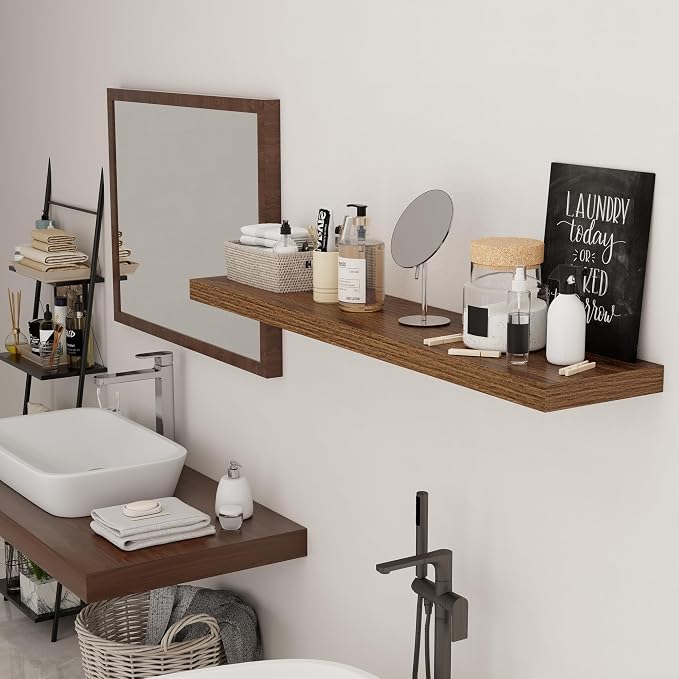 Floating Shelves for Wall, 48 inch Walnut Extra Long Floating Shelves, 9.3in Deep Wall Mounted Shelf, Wooden Shelves for Living Room, Bathroom, Kitchen, Office, Floating TV Stand, 2 Packs
