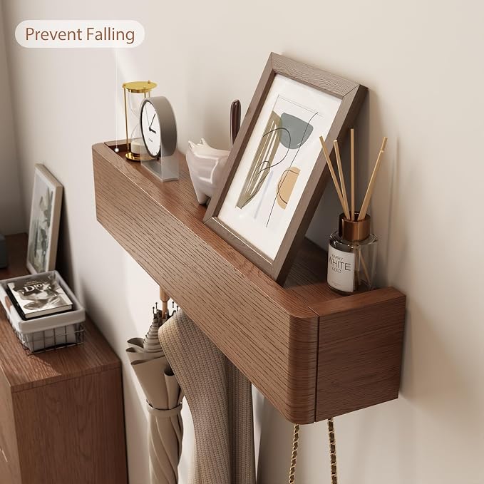 CycleCrew Solid Wood Wall Mounted Coat Rack with Shelf Hooks - Modern Floating Shelves with 5 Hidden Hooks, Heavy Duty Entryway Coat Key Holder Hanger for Hallway Bathroom Bedroom Home Decor