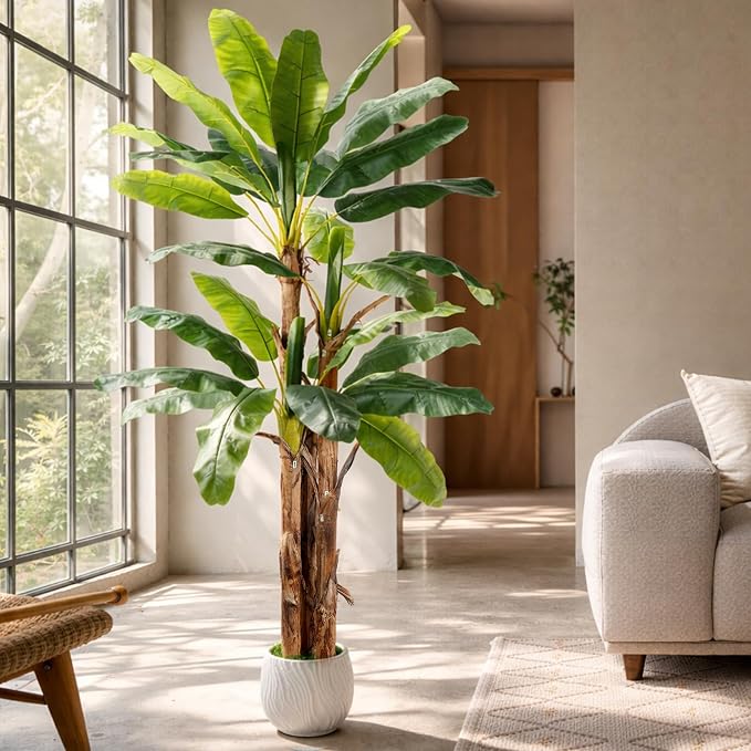 8FT Artificial Banana Tree Faux Banana Leaf Plant Artificial Tropical Tree Outdoor Large Faux Plants Indoor Fake Tree for Patio Balcony Garden Living Room Office Decor (with Faux Moss)