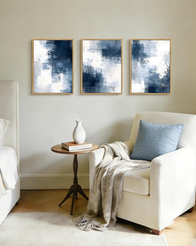 PHOPAGO Navy Blue and Gray Abstract Framed Wall Art Brush Strokes Pastel Wall Decor Modern Minimalist Art Paints for Bedroom Laundry Living Room - 12x16in Natural Framed