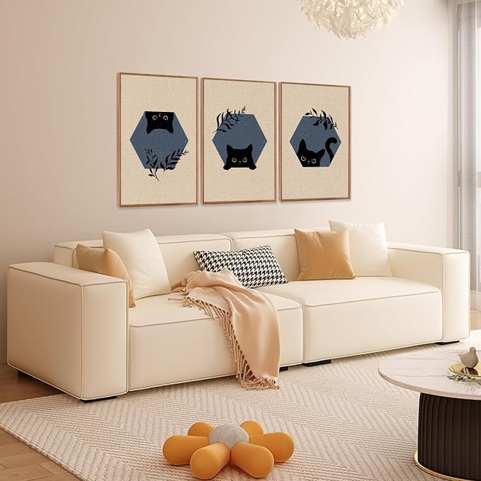 LHIUEM Boho Black Cat Framed Canvas Wall Art,Abstract Cute Animal Wall Decor,Modern Funny Kitty Painting,Beige Dark Leaves Artwork for Living Room,Bedroom,Dining Room -16"x24"x3