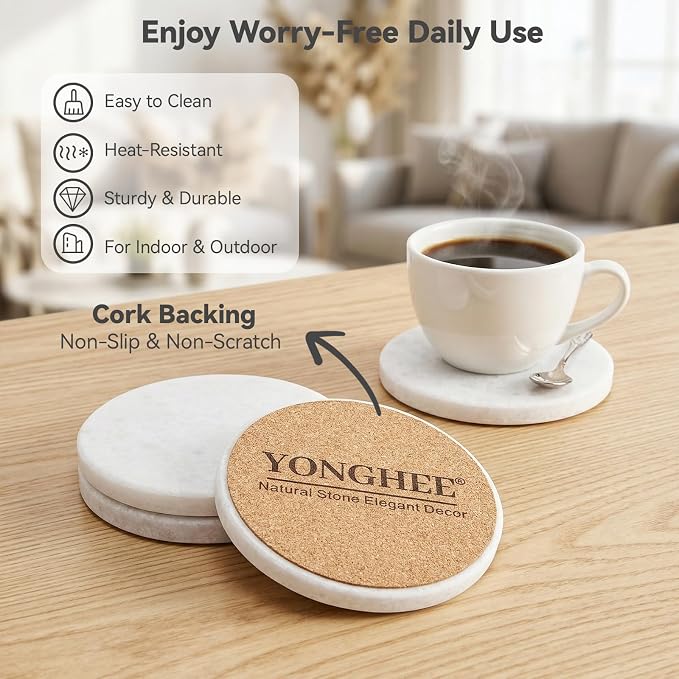 Pure White Marble Coasters Set of 4 with Holder, Icy Crystal Coasters for Coffee Table, 4 Inch Polished White Stone Coaster with Sparkling Texture – Heat Resistant, Non-Slip, Housewarming Gift