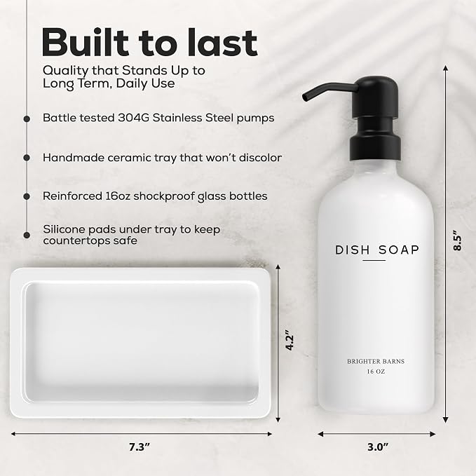White Glass Hand and Dish Soap Dispenser Set by Brighter Barns - Kitchen Soap Dispenser Set with Tray for Kitchen, Home or Vacation Rental - Modern Kitchen Decor & Accessories (White)