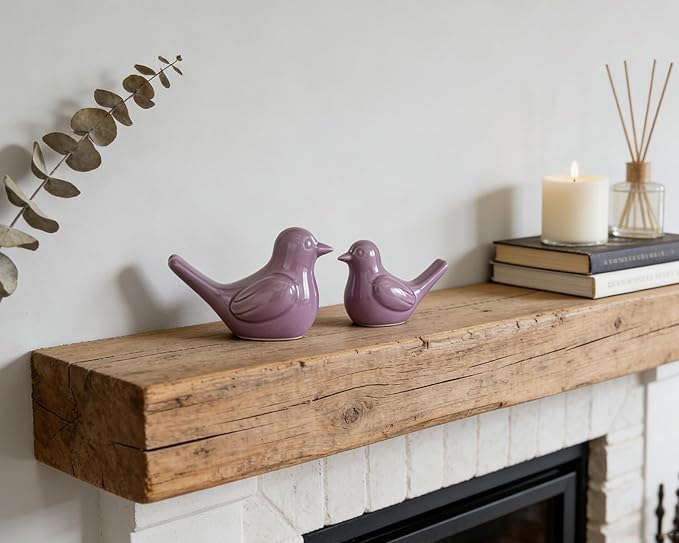 Small Purple Bird Statue Ceramic 2-Piece Set, 3¾ inch Cute Knick Knack for Home Office Shelf Desk Decor