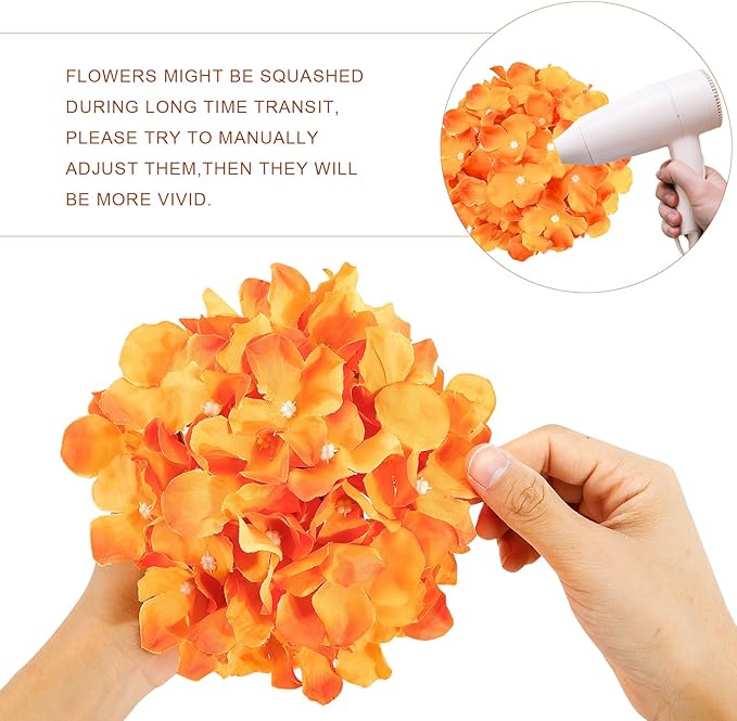 Auihiay 64 PCS Orange Hydrangea Flowers, Silk Hydrangea Artificial Flowers Heads with Stems, Artificial Hydrangea Flowers for Wedding Centerpieces, Home, Garden, Baby Shower Decoration