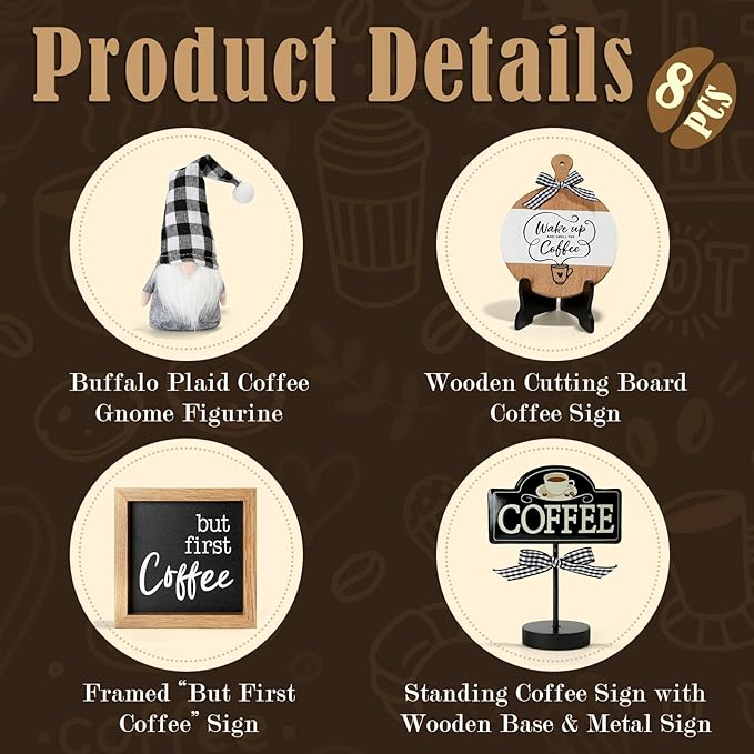 Coffee Tiered Tray Decor Set, 8 Pcs Farmhouse Rustic Tabletop Coffee Decorations for Home Office Table Shelf Mantel Coffee Bar Centerpiece Coffee Time Decor Wooden Sign Decorative Objects Bundle