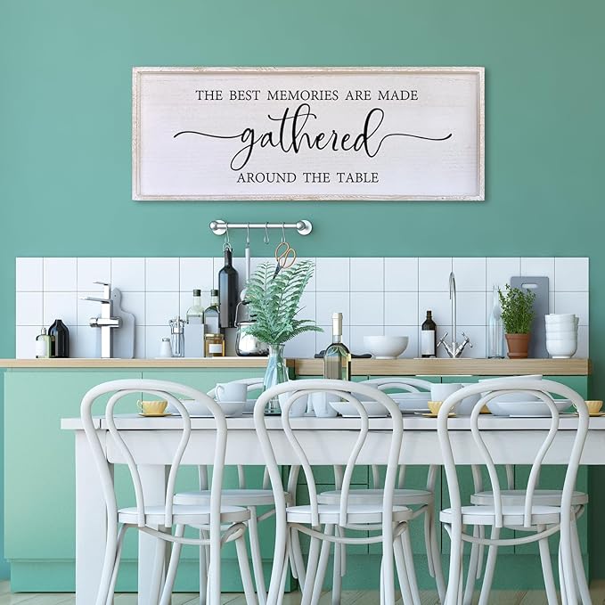 The Best Memories Are Made Gathered Around The Table Wall Decor 40"x15" Large Rustic Farmhouse Dining Room Wood Framed Modren Signs Kitchen Home Simple Hanging Wall Art (White)