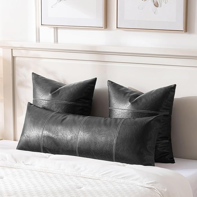 Fancy Homi Black Boho Long Lumbar Faux Leather Decorative Throw Pillow Covers 21x54 Inch for Living Room Couch Bed Sofa, Hand Stitched Rectangle Cushion Case, Rustic Modern Farmhouse Home Decor