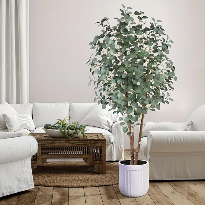 6FT Faux Eucalyptus Tree with White Pot, Artificial Eucalyptus Tree Indoor Plants with Silk Leaves Fake Eucalyptus Plant Fake Tree Faux Plants Indoor for Living Room Bedroom Office Home Decor