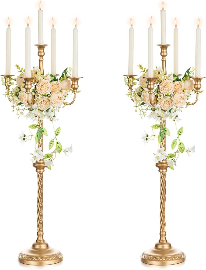 Nuptio Tall Gold Candelabras 34 Inch Candle Stick Holders Set of 2 Floor Candle Stand Taper Candle Holders for Classic Wedding Mantal Christmas Halloween Easter Home Table Centerpiece Decoration