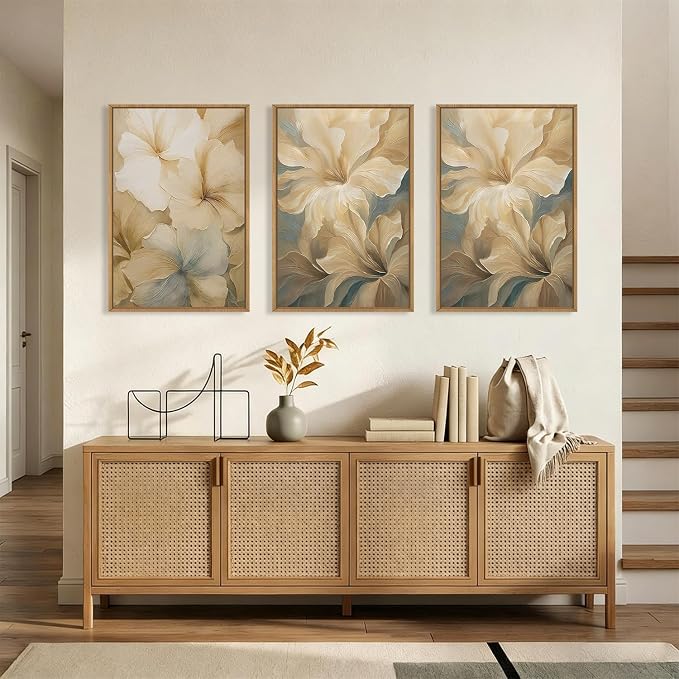 KAIRNE Neutral Beige Flower Framed Canvas Wall Art Set, Modern Magnolia Floral Wall Decor,Aesthetic Warm Wildflower Art Prints,Boho Botanical Artwork for Living Room,Bedroom,Farmhouse,Office-16"x24"x3