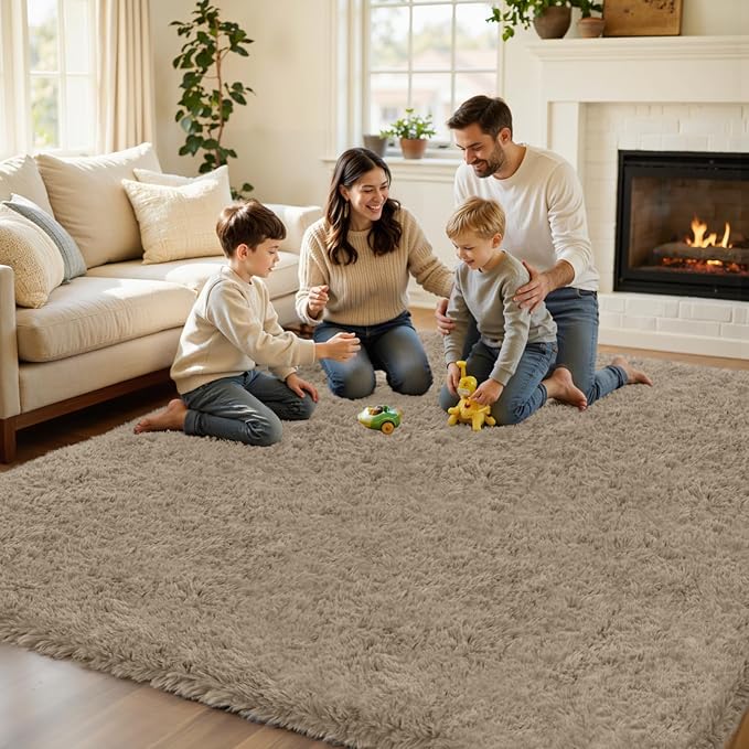 4x6 Area Rug for Living Room, Ultra Soft Fluffy Shag Rugs for Bedroom, Non-Slip Large Fuzzy Plush Rug Indoor Floor Carpet for Nursery Kids Office Dorm Modern Decor, Gray Camel