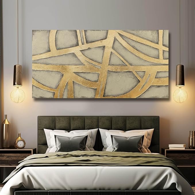 Gold Wall Decor for Living Room Abstract Canvas Wall Art Framed Prints Pictures Large Arts for Office Hotel 29"x58"