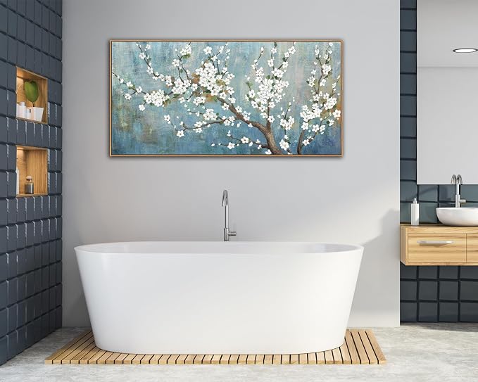 yearainn Framed Floral Tree Wall Art – White Flowers Green Leaves Branches Picture, Vintage Blue-Turquoise Background, Watercolor Artwork for Home Decor, Ready to Hang, Natural Wood Frame, 24" x 48"