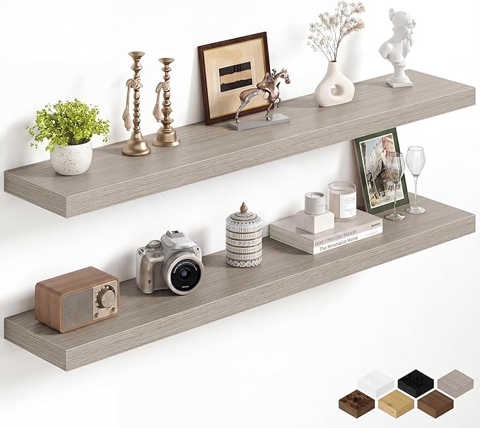 Fun Memories 48Inch Floating Shelves for Wall, 8 Inch Deep Shelves for Bathroom|Bedroom|Kitchen, Large Wall Mounted Wood Hanging Shelf with Invisible Brackets for Home Storage Decor, Grey - 2 Pack