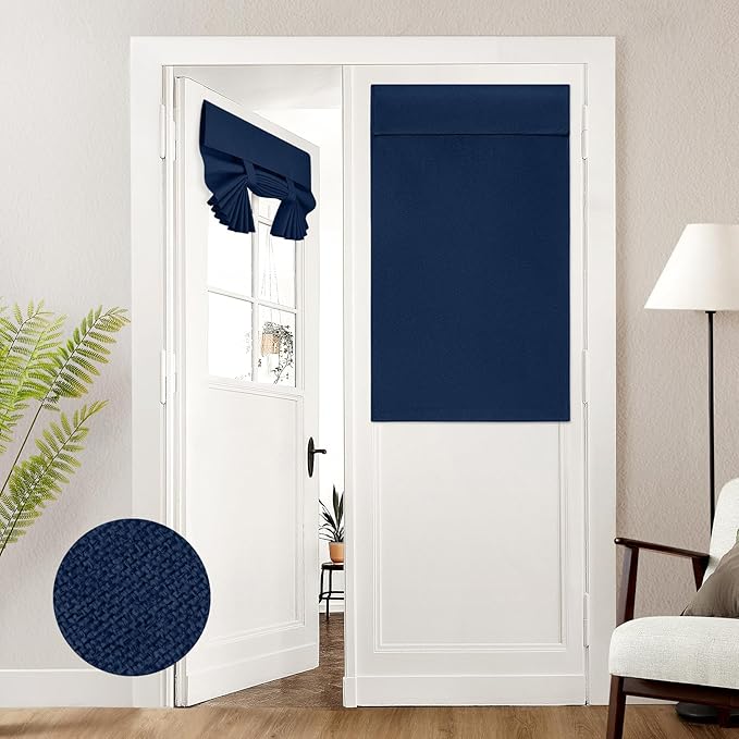 HOMEIDEAS 100% Linen Blackout French Door Curtains, Privacy Door Window Curtains, 26 X 40 Inch Room Darkening Blinds, Thermal Insulated Shades for Bedroom, 1 Panel, Navy