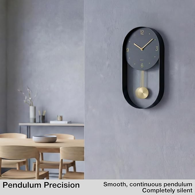 Driini Modern Pendulum Wall Clock - Black and Gold Decorative Wall Clock with Pendulum - Modern Minimalist Metal Wall Clock for Living Room Décor - Silent Battery Operated Wall Clock