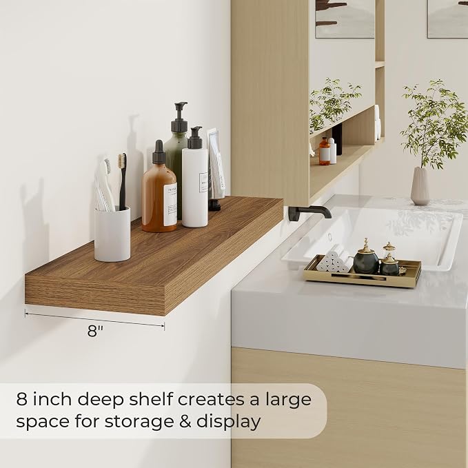 Dreamland 30Inch Walnut Floating Shelves 8" Deep Wall Mounted Set of 2 | Wall shelves for bathroom, bedroom, Living Room, kitchen, deep wall mount wood storage display for home decor 30" x 8"