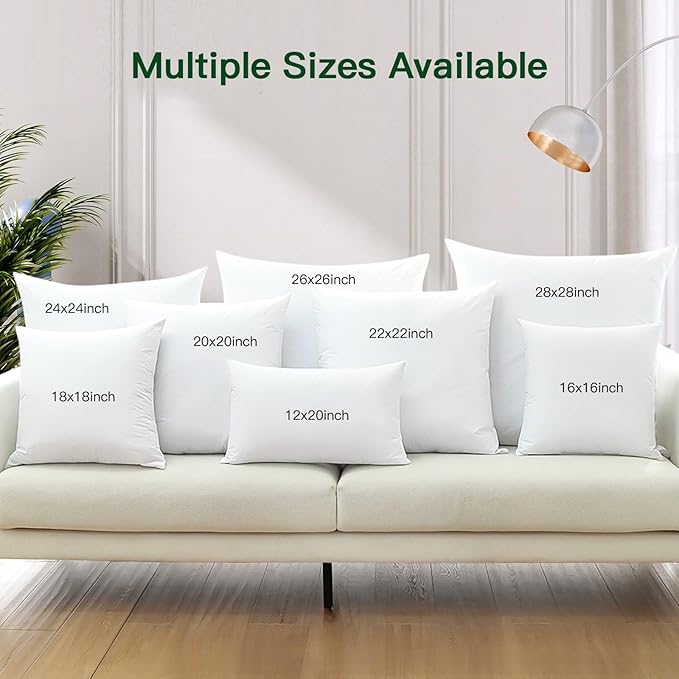OTOSTAR Pack of 2 Down and Feather Throw Pillow Inserts, 28 x 28 Soft Fluffy Square Pillow Inserts with 100% Cotton Cover Decorative Pillows for Sofa Couch Bed-White