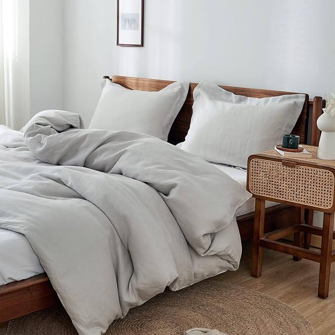 Simple&Opulence 100% Linen Duvet Cover Set 3pcs Basic Style Natural French Washed Flax Solid Color Soft Breathable Farmhouse Bedding with Button Closure - Light Grey, Queen