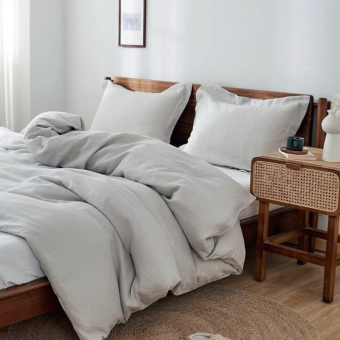 Simple&Opulence 100% Linen Duvet Cover Set 3pcs Basic Style Natural French Washed Flax Solid Color Soft Breathable Farmhouse Bedding with Button Closure - Light Grey, Full