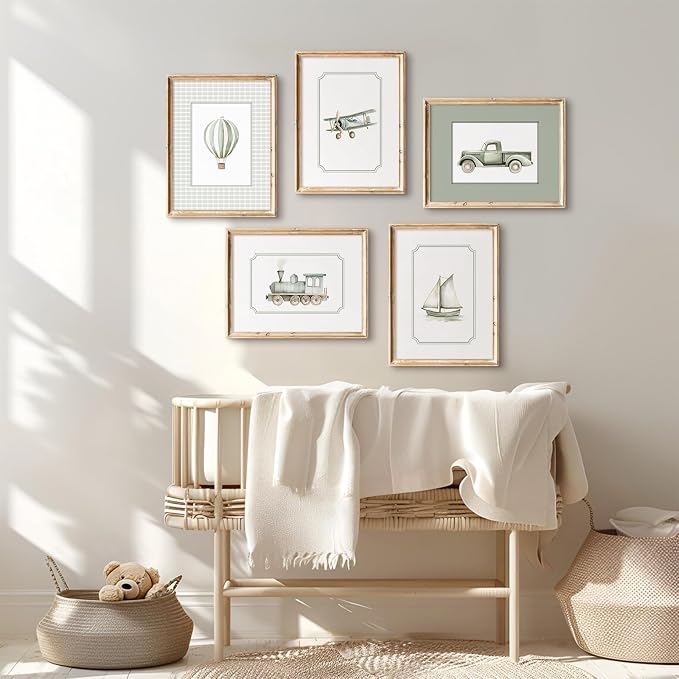 Sage Green Nursery Wall Art Boys Room Canvas Poster Kids Wall Decor Vintage Vehicle Prints Baby Toddler Pictures Transportation Plane Painting Train Truck Artwork for Bedroom 12x16 Inch Unframed