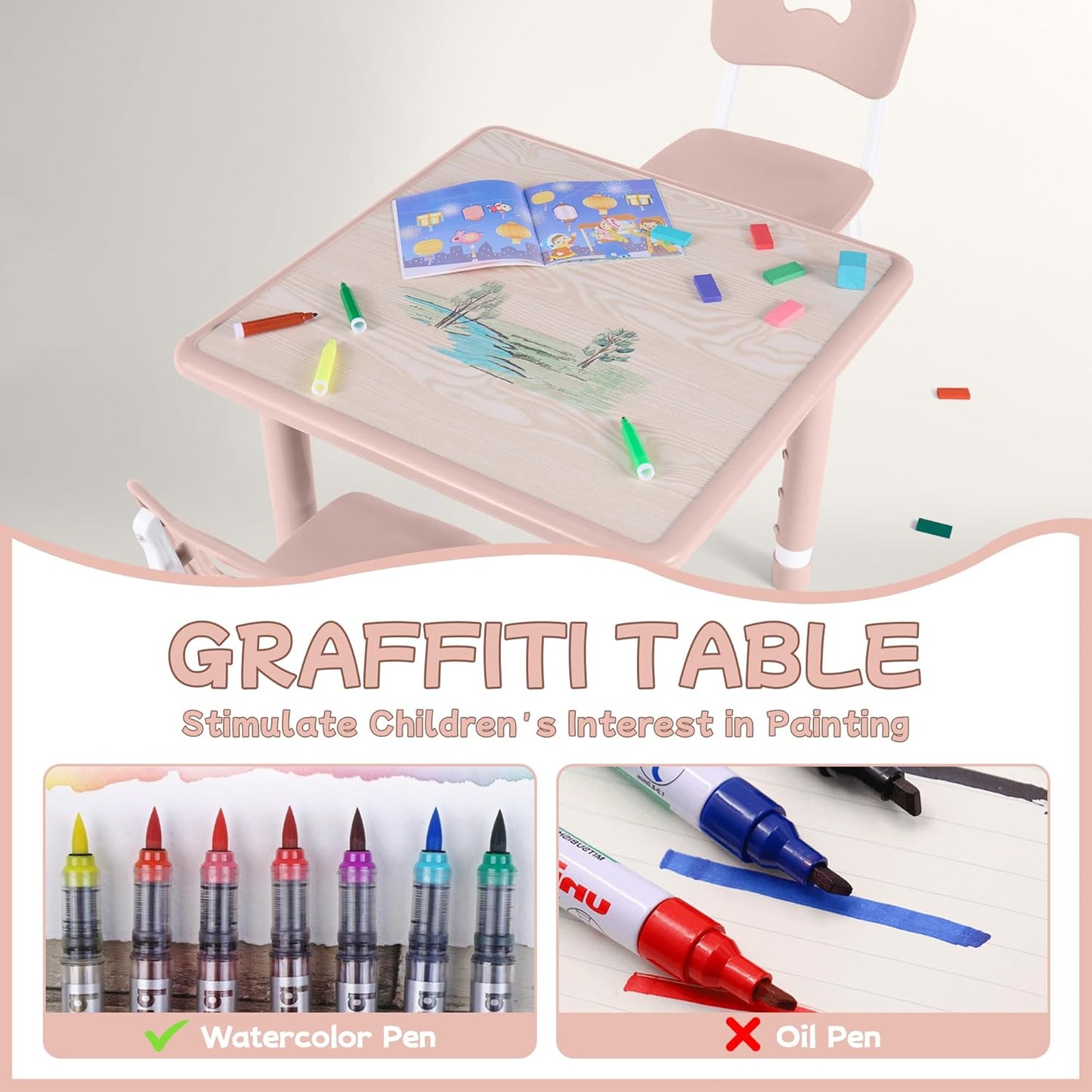 Toddler Table and Chair Set, Height Adjustable-Upgrade Kids Table and 2 Chairs for Ages 3-8, Multi-Activity Toddler Play Table with Graffiti Desktop for Home/Daycare/Classroom