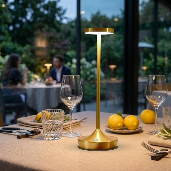 Gold Cordless Table Lamp, Rechargeable 6000mAh Battery LED Desk Lamp, Portable Metal Touch Lamp with 3-Level Dimming, Waterproof Light for Restaurant, Dining Table, Patio, Home Decor (2 Gold)