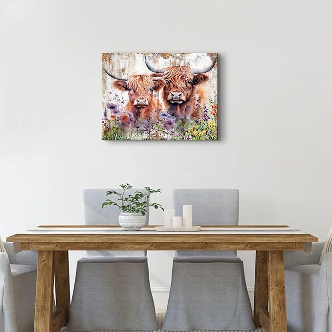 Rustic Highland Cow Wall Decor Watercolor Wildflower Cow Wall Art for Living Room Farmhouse Western Country Cattle Canvas Art Farm Animal Painting Cowboy Artwork Bedroom Bathroom Decoration 24x36"